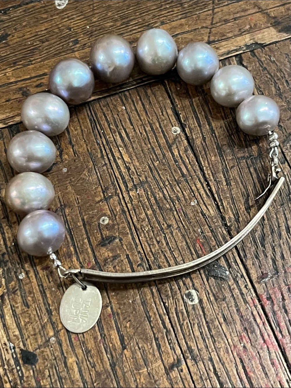 TANIA CURIN signed silver 925 ID bracelet with large grey freshwater pearls
